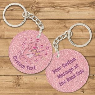 Roze kat met Violin Sleutelhanger
