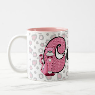 Roze kat Monogrammed Letter C en Name Kinder Tweekleurige Koffiemok