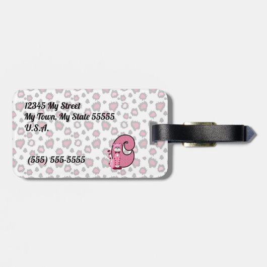 Roze kat Monogrammen C Kinder reiziger Bagagelabel (Achterkant horizontaal)