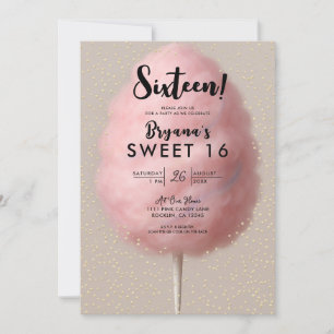 Roze katoenen suikerspin gouden confetti Sweet 16- Kaart
