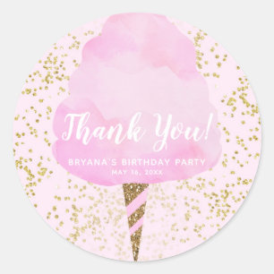 Roze katoensuikerspin en gouden confetti verjaarda ronde sticker