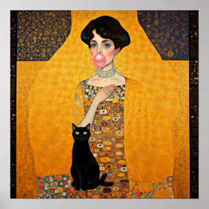 Roze Kauwgom Dames met Zwarte Kat Gustav Klimt Poster