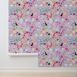 Roze Kawaii Cartoon Decora Kinder kinderkamer Behang