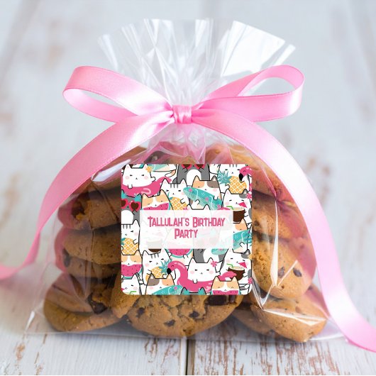 Roze Kawaii Katten Pool Party Verjaardag Vierkante Sticker