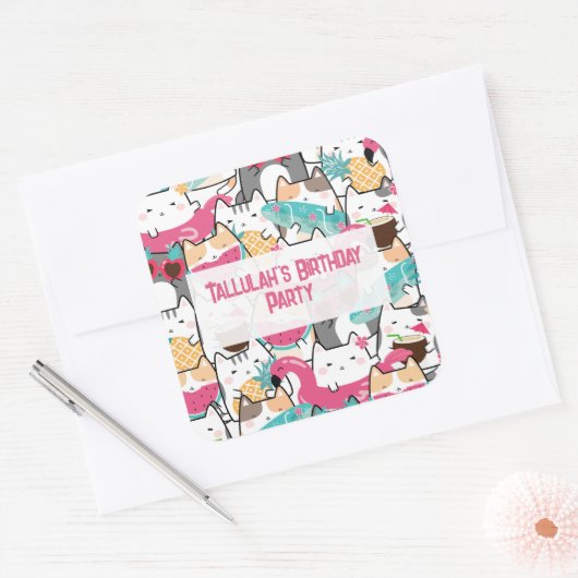 Roze Kawaii Katten Pool Party Verjaardag Vierkante Sticker (Envelop)