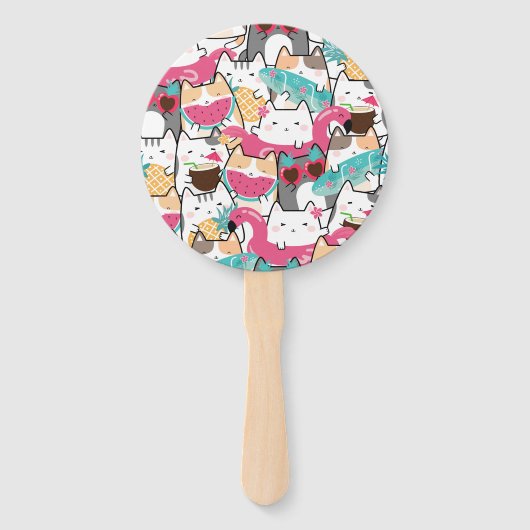 Roze Kawaii Katten Pool Verjaardagsfeest Handwaaier (Achterkant)
