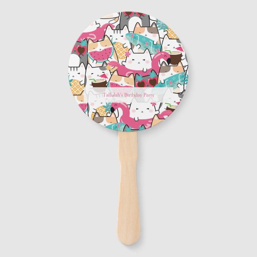 Roze Kawaii Katten Pool Verjaardagsfeest Handwaaier (Voorkant)