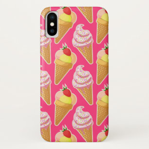 Roze Kawaii-patroon met aardbeienijs iPhone X Hoesje