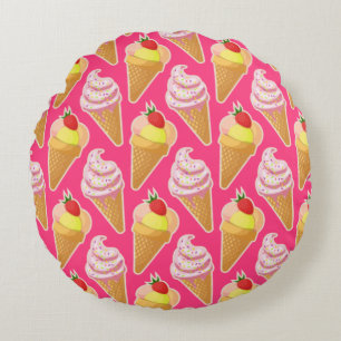 Roze Kawaii-patroon met aardbeienijs Rond Kussen
