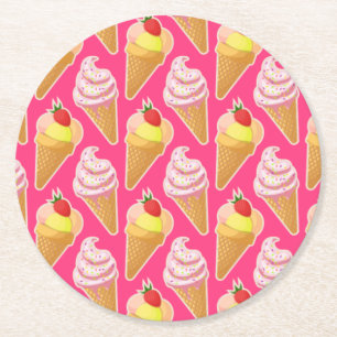 Roze Kawaii-patroon met aardbeienijs Ronde Kartonnen Onderzetter