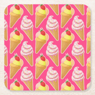 Roze Kawaii-patroon met aardbeienijs Vierkante Kartonnen Onderzetter