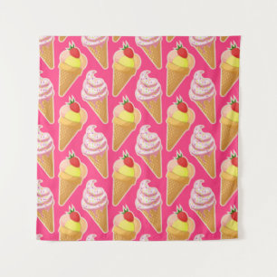 Roze Kawaii-patroon met aardbeienijs Wandkleed