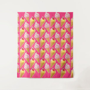 Roze Kawaii-patroon met aardbeienijs Wandkleed
