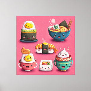 Roze Kawaii Sushi Feest Canvas Afdruk