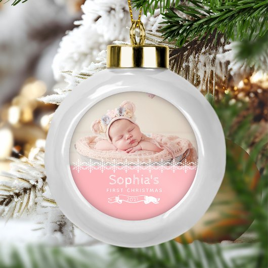 Roze Keepomwille Foto voor baby's eerste Kerstmis Keramische Bal Ornament