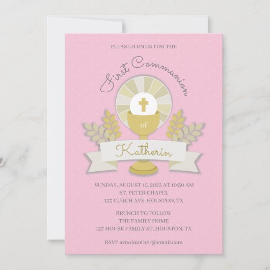 Roze Kelk en gastheer eerste communie uitnodiging (Voorkant)