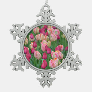 Roze keramiektulp tin sneeuwvlok ornament