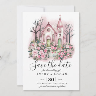 roze kerk bloemige waterverf save the date kaart