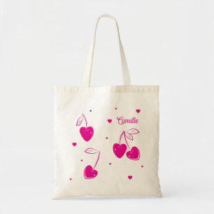 Roze Kersen Harten Whimsical Cute Vorm Naam Tote Bag