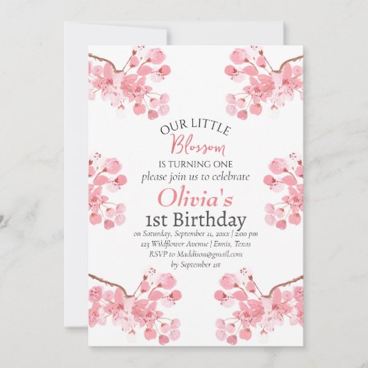Roze Kersenbloesem 1e Verjaardag Bloemen Kaart (Voorkant)