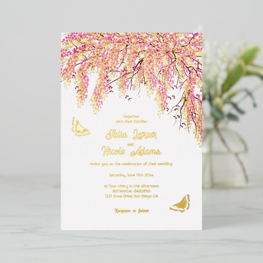 Roze Kersenbloesem Bloemen Bloemen Douche Trouwen Folie Uitnodiging (Staand Voorkant)