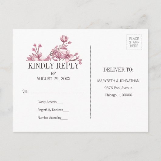 Roze Kersenbloesem Bloemenkrans Trouw RSVP Uitnodiging Briefkaart (Achterkant)