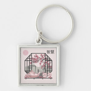 Roze kersenbloesem bonsai Aziatisch grafisch ontwe Sleutelhanger