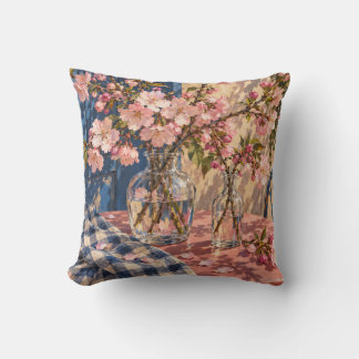 Roze Kersenbloesem Glas Vazen Blauwe Gingham Kussen
