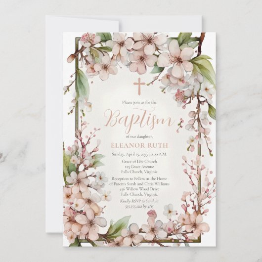 Roze Kersenbloesem Meisje Lente Bloemend Doop Kaart (Voorkant)