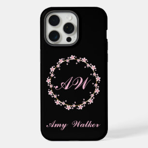 Roze Kersenbloesem Monogram Bloemenkrans iPhone 15 Pro Max Hoesje