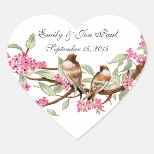 Roze Kersenbloesem Vintage Vogels Huwelijkssticker Hart Sticker