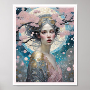 Roze Kersenbloesem Vrouw Art Deco Cirkels Poster