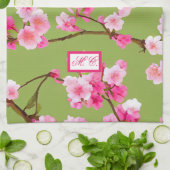 Roze Kersenbloesems Chartreuse Green Monogrammed Theedoek (Gevouwen)