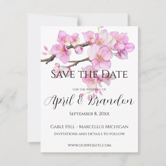 Roze kersenbloesems elegant kalligrafie script save the date (Voorkant)