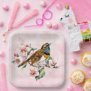 Roze Kersenbloesems en Vogelpapier P Papieren Bordje