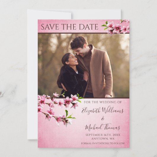 Roze Kersenbloesems Foto Save the Date (Voorkant)