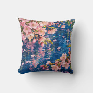 Roze Kersenbloesems Kobaltblauw Water Rimpels Kussen