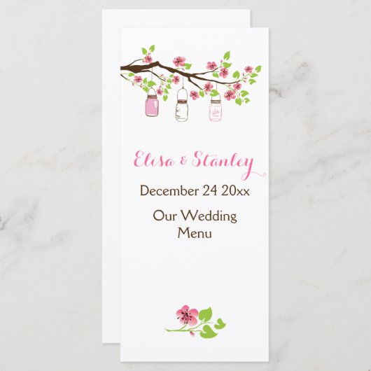 Roze kersenbloesems, metselaars potten bruiloft me menu (Voorkant / Achterkant)