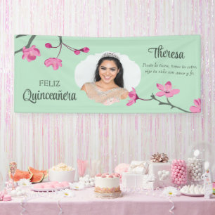 Roze Kersenbloesems, Mint Green Quinceneara Foto Spandoek