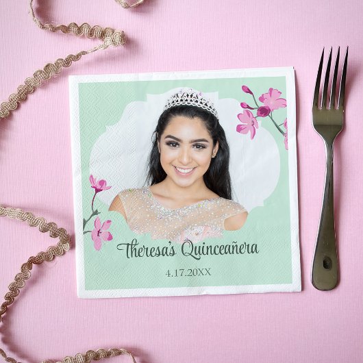 Roze Kersenbloesems, Mint Groen, Foto Servet