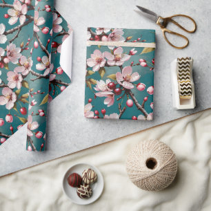 Roze kersenbloesems op een Blauwgroen achtergrond Cadeaupapier
