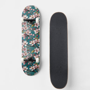 Roze Kersenbloesems op een Drieerige Teal Achtergr Skateboard