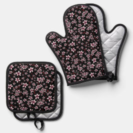 Roze Kersenbloesems Op Zwart Ovenwant & Pannenlap Set