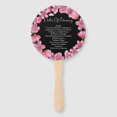 Roze kersenbloesems op zwart trouwprogramma handwaaier (Achterkant)