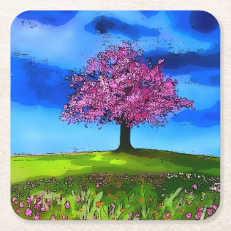 Roze Kersenboom Vierkante Kartonnen Onderzetter