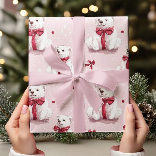  Roze Kerst Beer met Rode Boog Cadeaupapier