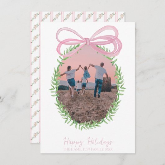 Roze Kerst Coquette Bow Krans Foto Feestdagenkaart (Voorkant / Achterkant)