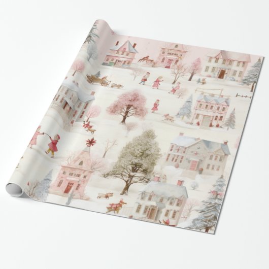 Roze Kerst Ephemera Patroon Wrapping Paper Cadeaupapier (Uitgerold)