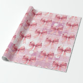 Roze Kerst Geplaagd Sneeuwvlokken Bow Coquette Cadeaupapier (Uitgerold)