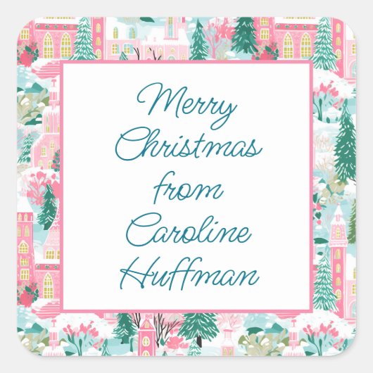 Roze Kerst Kerken Gift Vierkante Sticker (Voorkant)